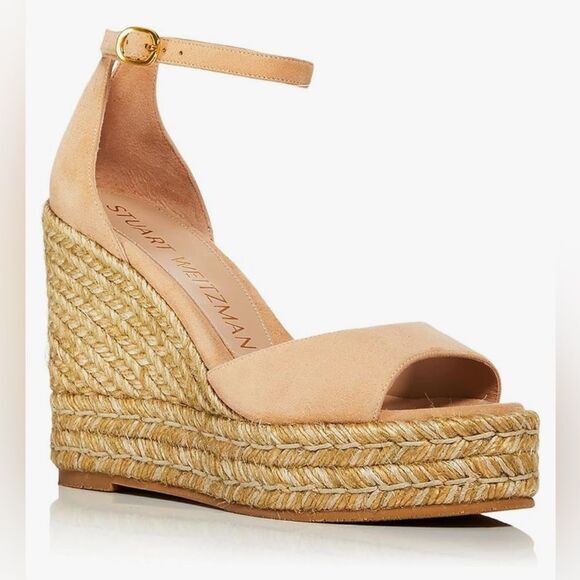 Stuart Weitzman Womens Nudistcurve Beige Peep Toe Wedge Sandals Shoes 7.5 - Picture 1 of 11
